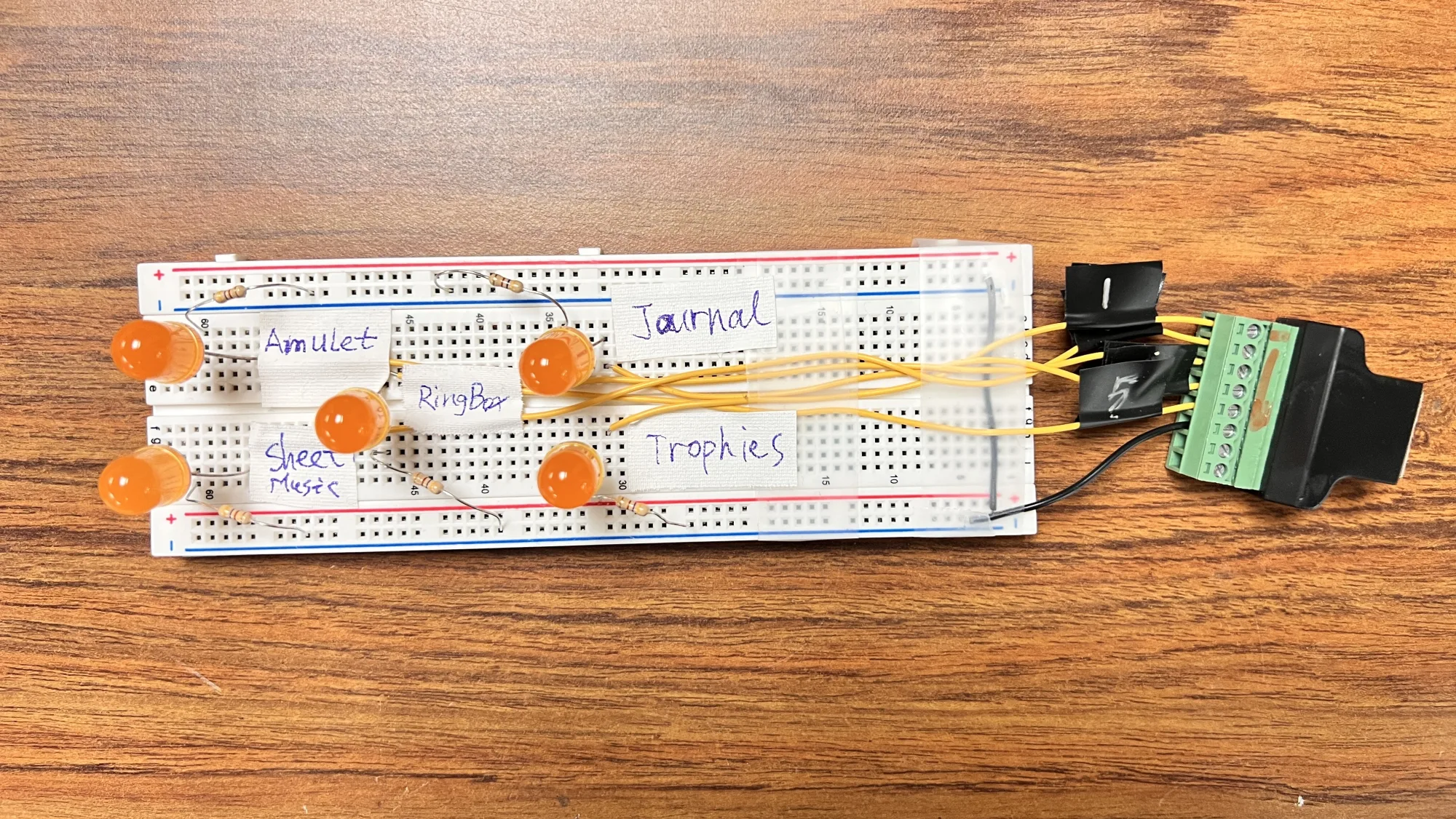 five LEDs, five labels, one cable