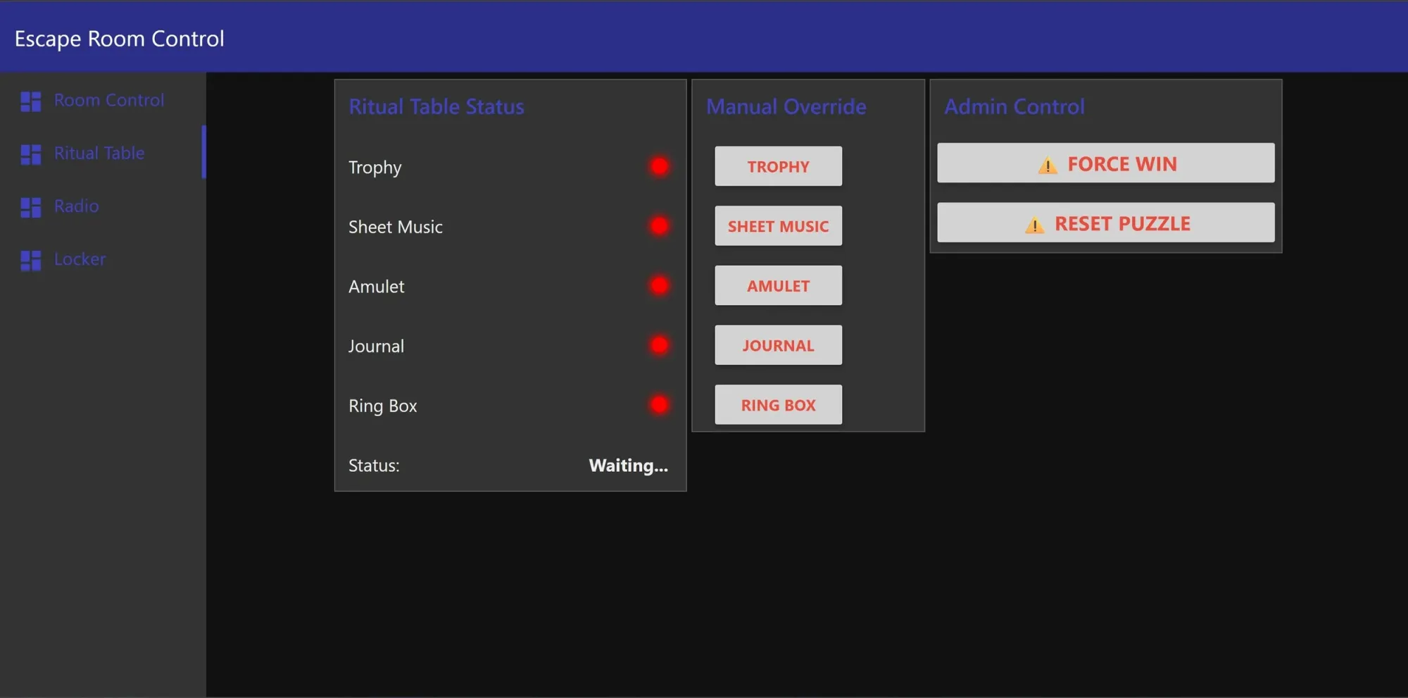 the Manual Override panel — one button per placement. the phase 02 screen above has no such column