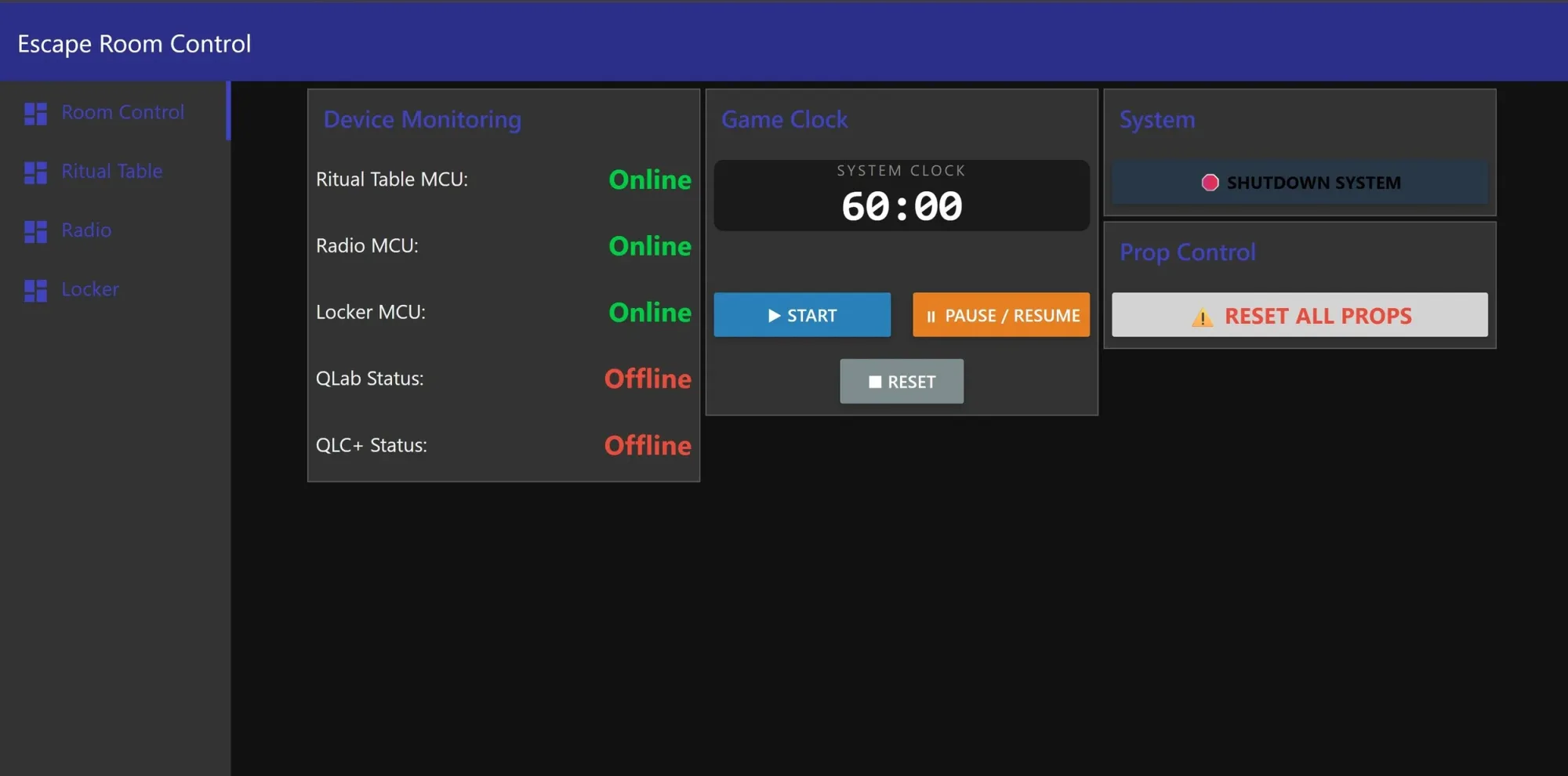 the room page. every microcontroller reports in, and QLab and QLC+ report whether they are running — they were not, when this was taken