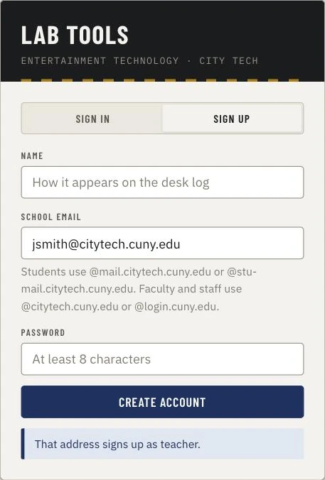 the sign-up form, mid-typing. this line is only ever a preview — the account created a moment later is decided by the same rule running again inside the database