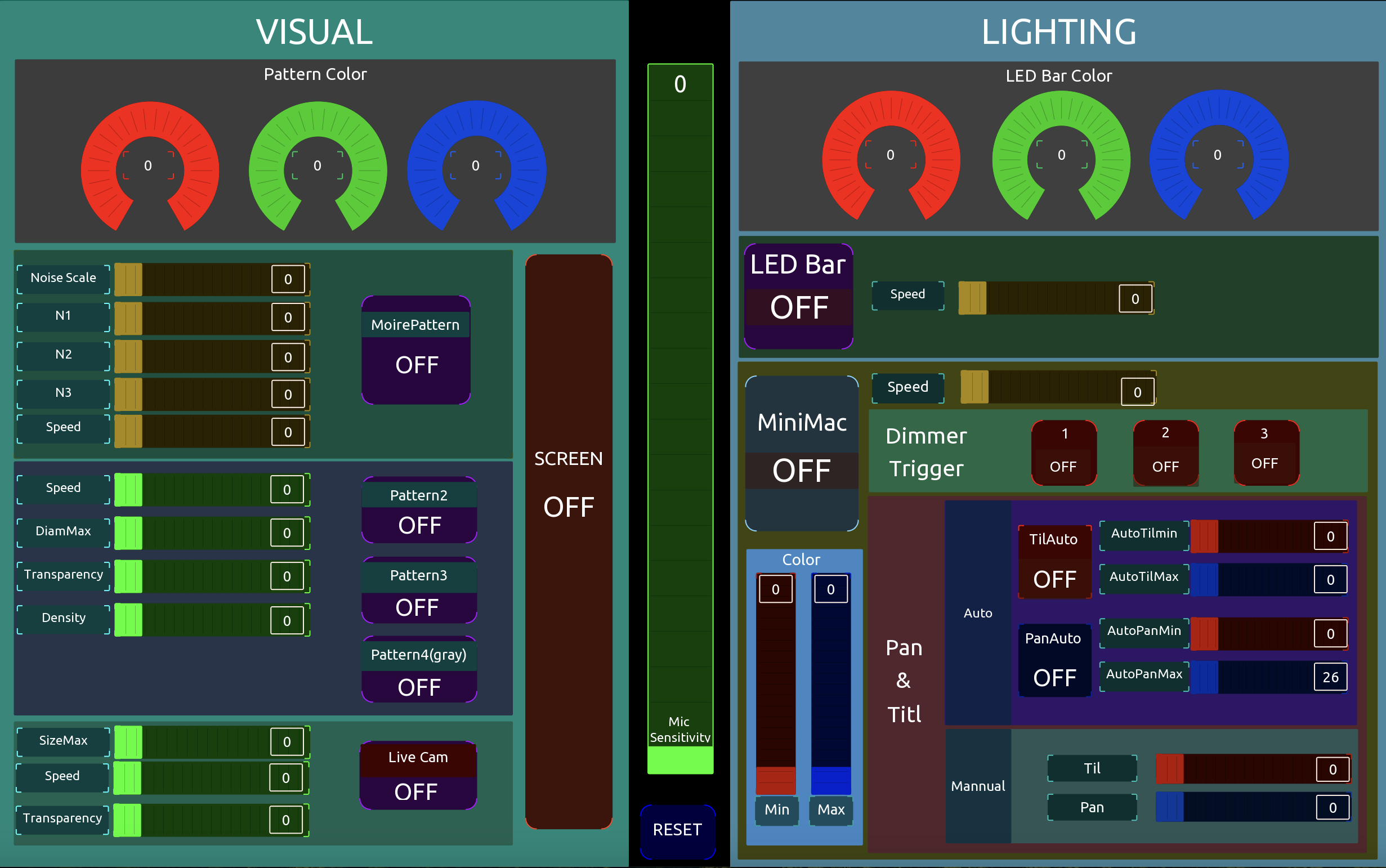 the tablet layout — visuals on the left, lighting on the right, mic sensitivity down the middle