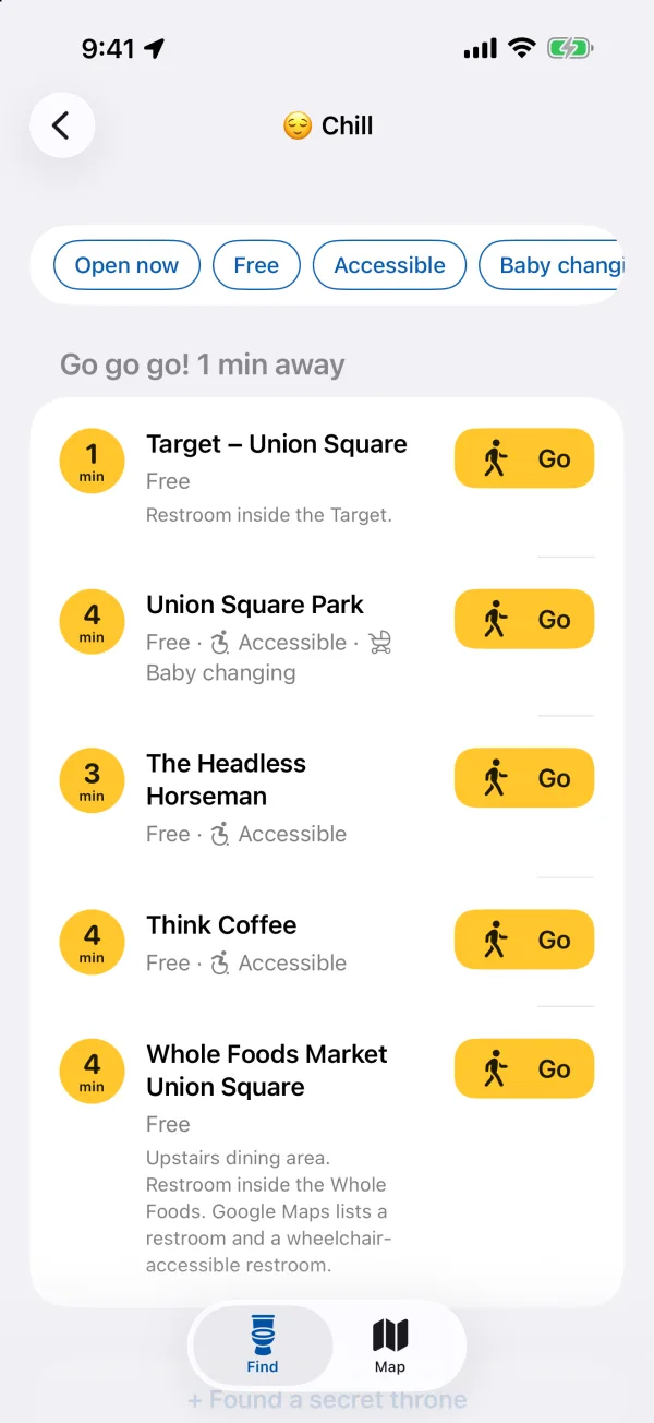 The Chill screen: filters for open now, free, accessible and baby changing, then a list of nearby restrooms with walking times.