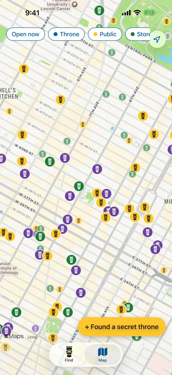 The Map tab around Union Square: colored restroom pins in yellow, blue, green and purple, filters for open now, Throne, public and stores along the top, and a yellow “+ Found a secret throne” button at the bottom right.